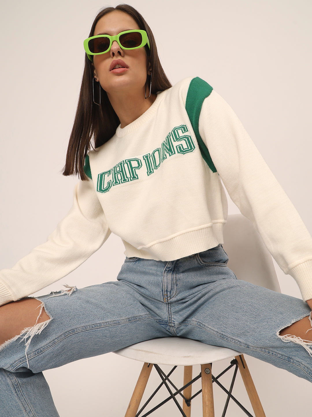 WOMEN CROP JUMPER GREEN AND WHITE