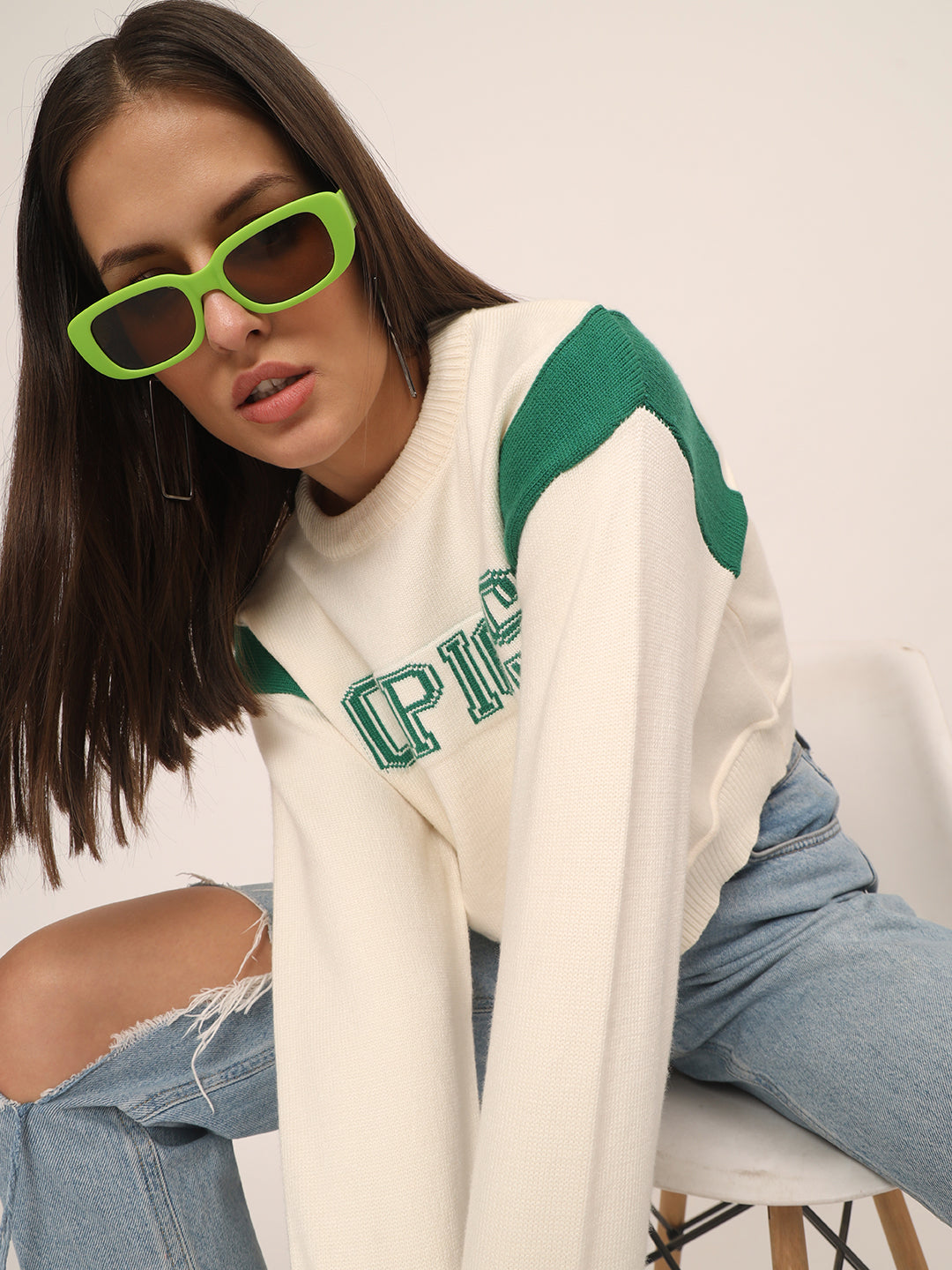 WOMEN CROP JUMPER GREEN AND WHITE