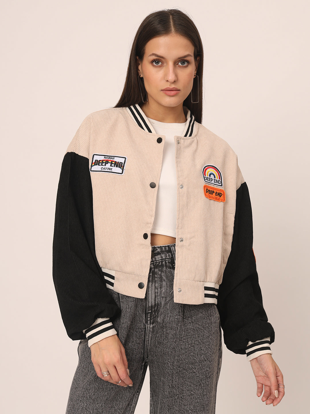 Baggy Varsity Jacket-Beige - Main Image