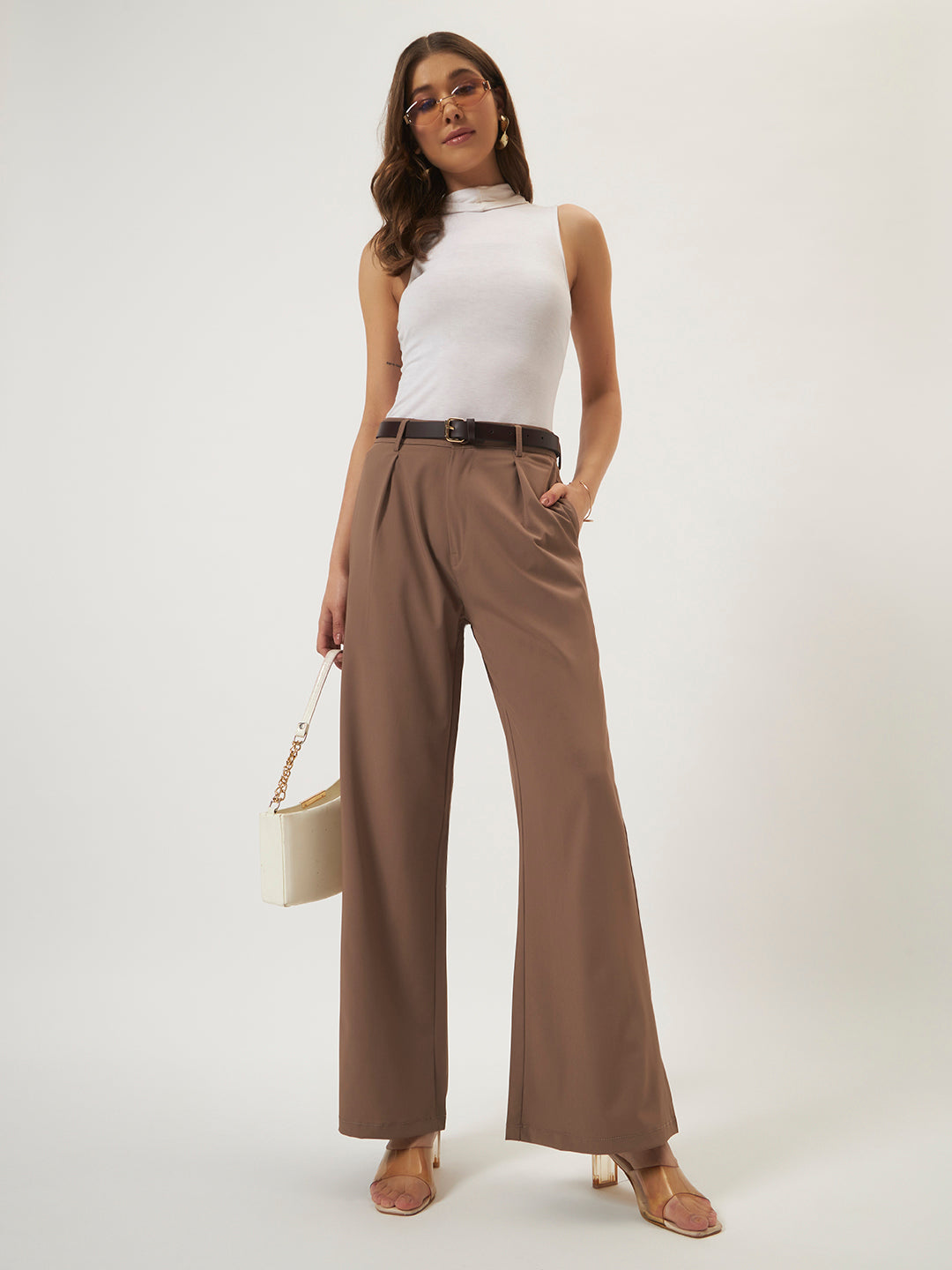 KOREAN PANTS WITH FREE BELT GREYISH BROWN