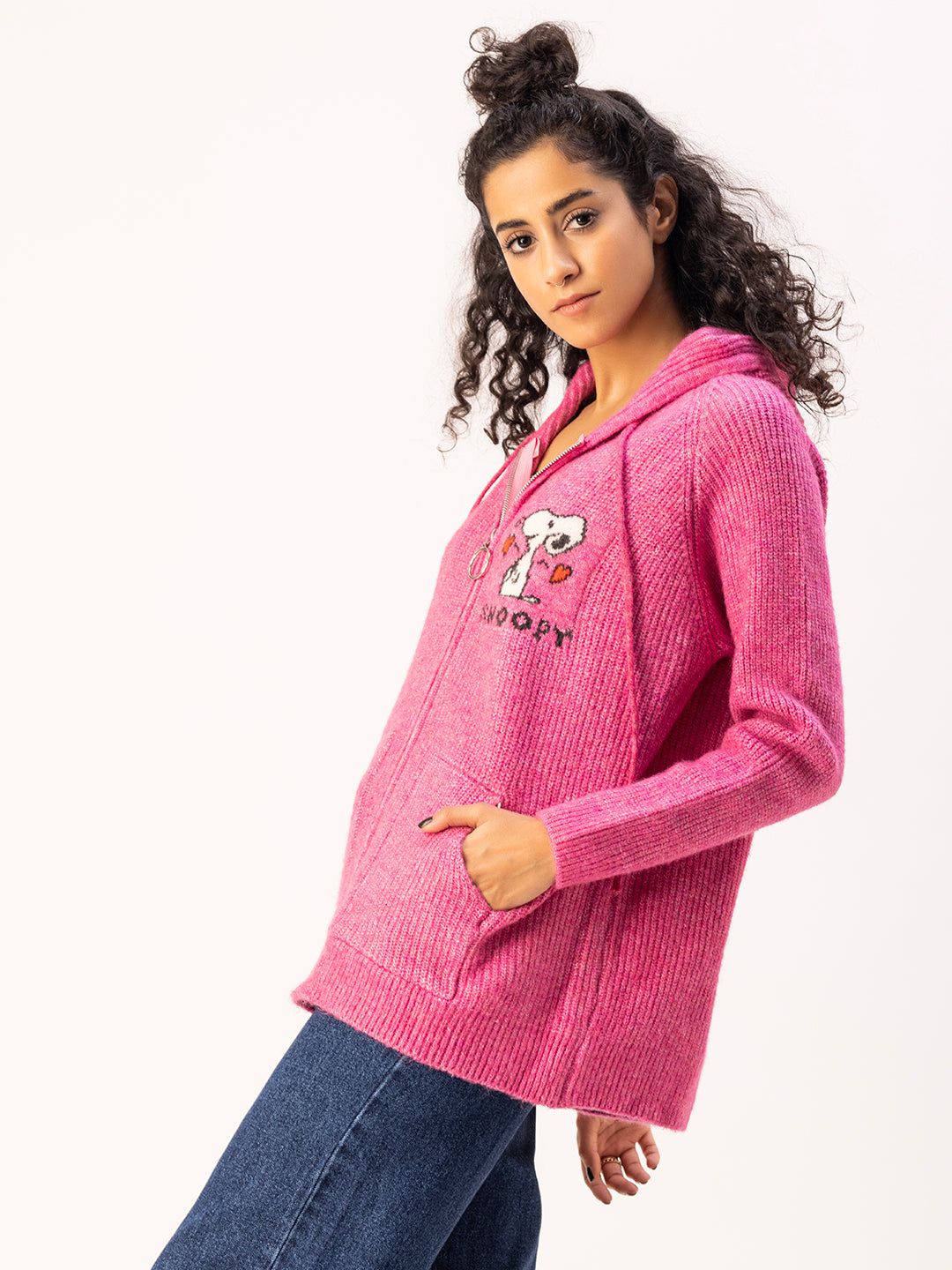 Snoopy Knit Hoodie-Hot pink
