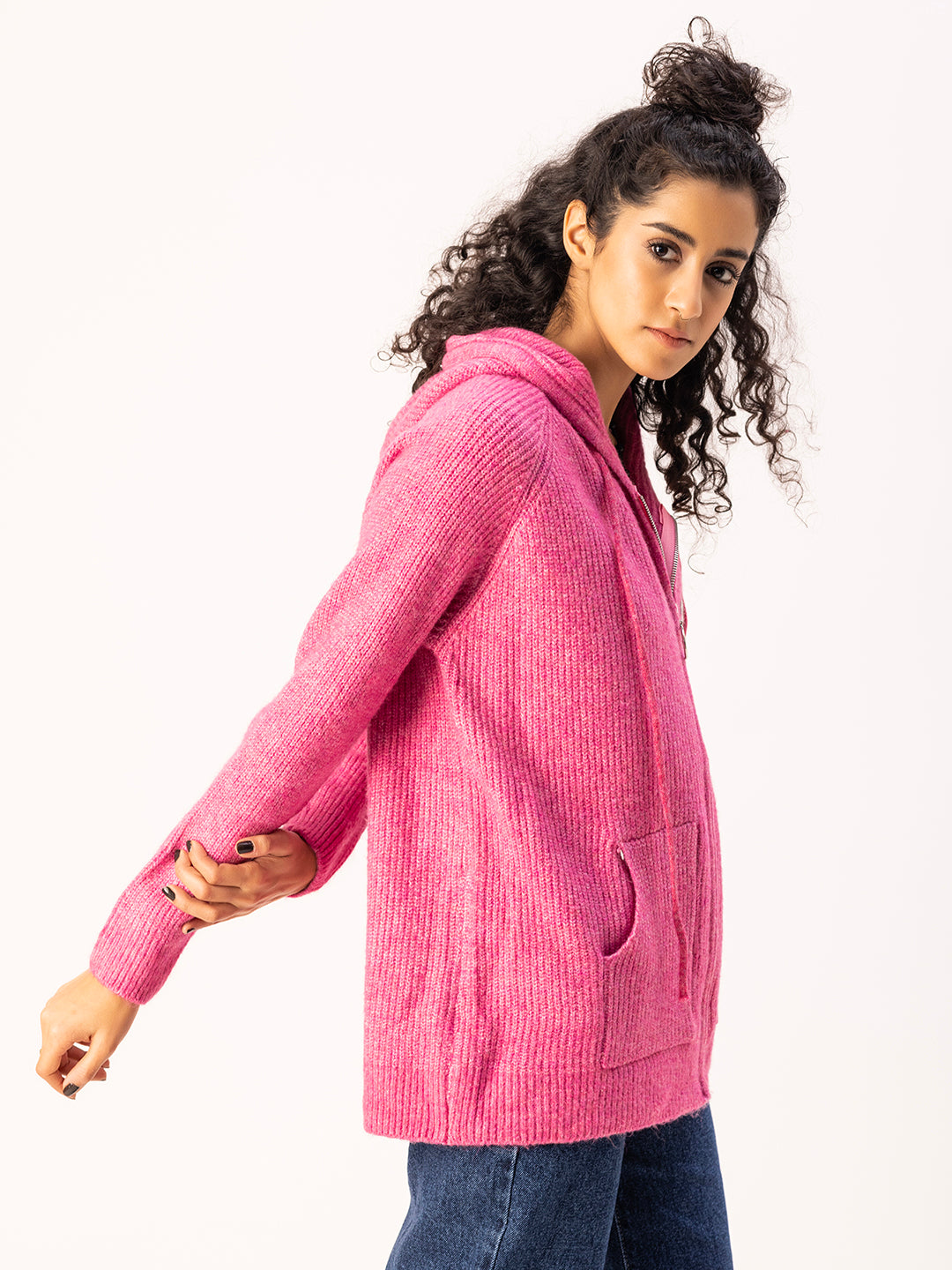 Snoopy Knit Hoodie-Hot pink