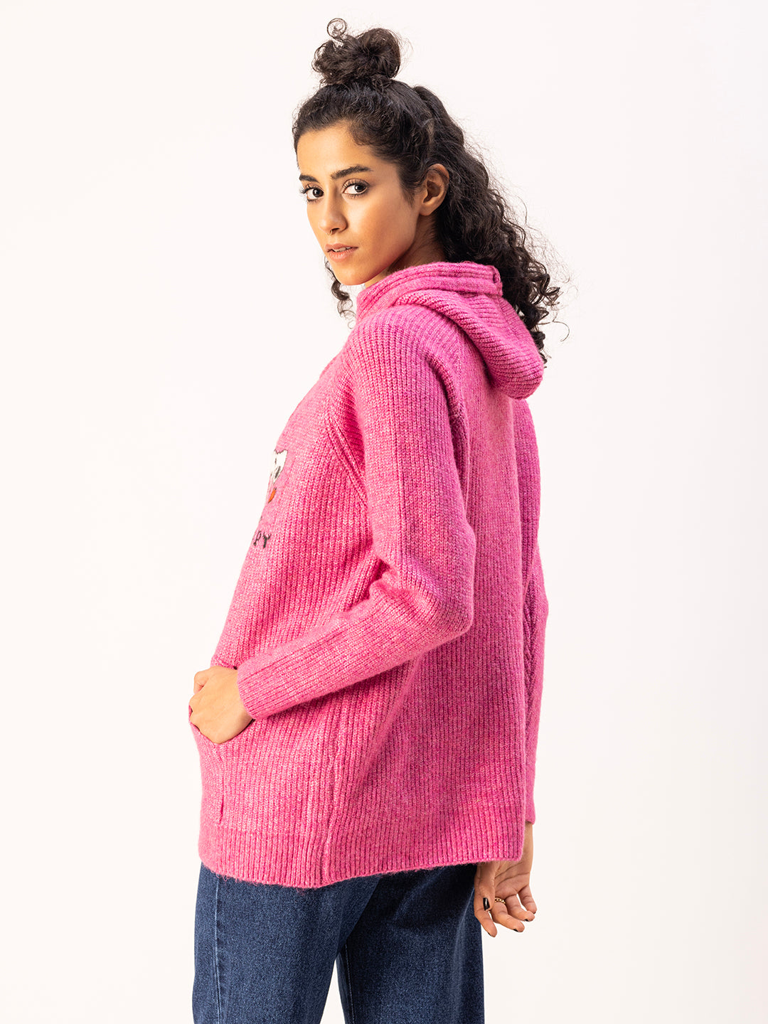 Snoopy Knit Hoodie-Hot pink
