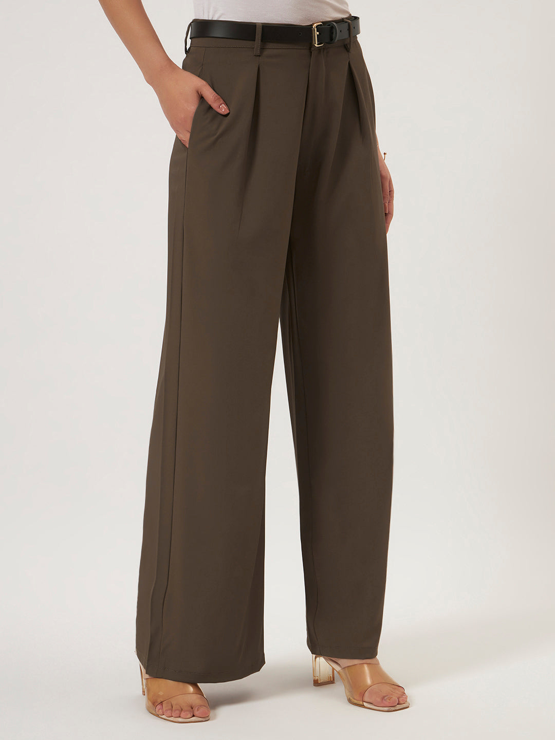 KOREAN PANTS WITH FREE BELT DARK BROWN