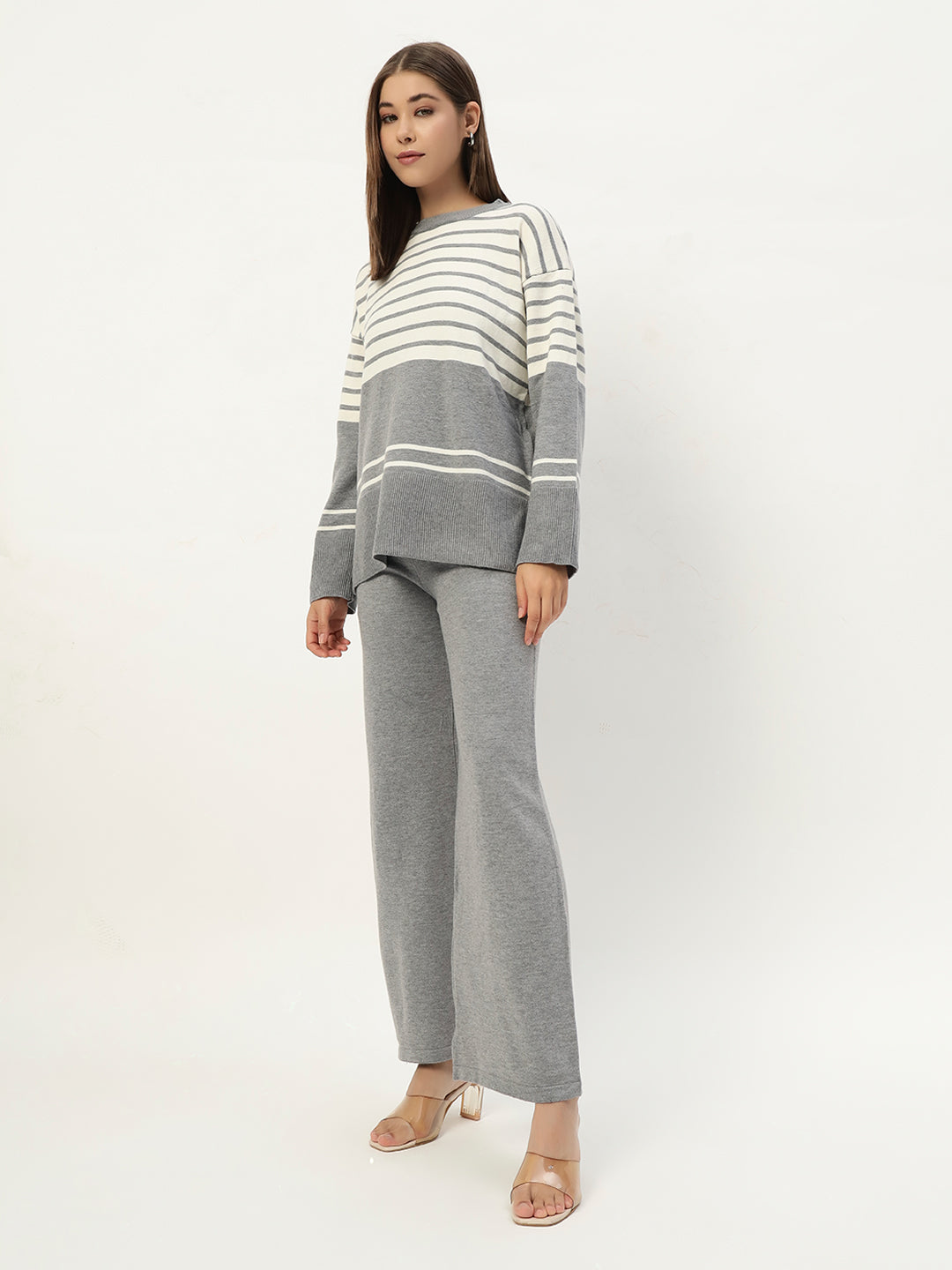 STRIPED WOOLEN COORD SET LIGHT GREY