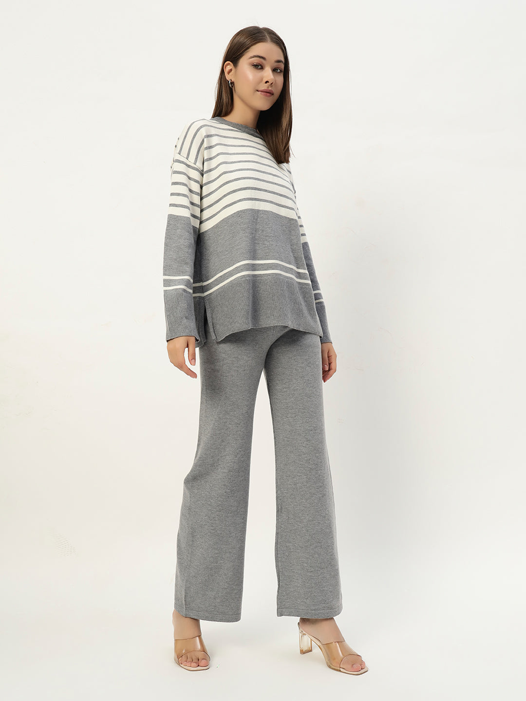 STRIPED WOOLEN COORD SET LIGHT GREY