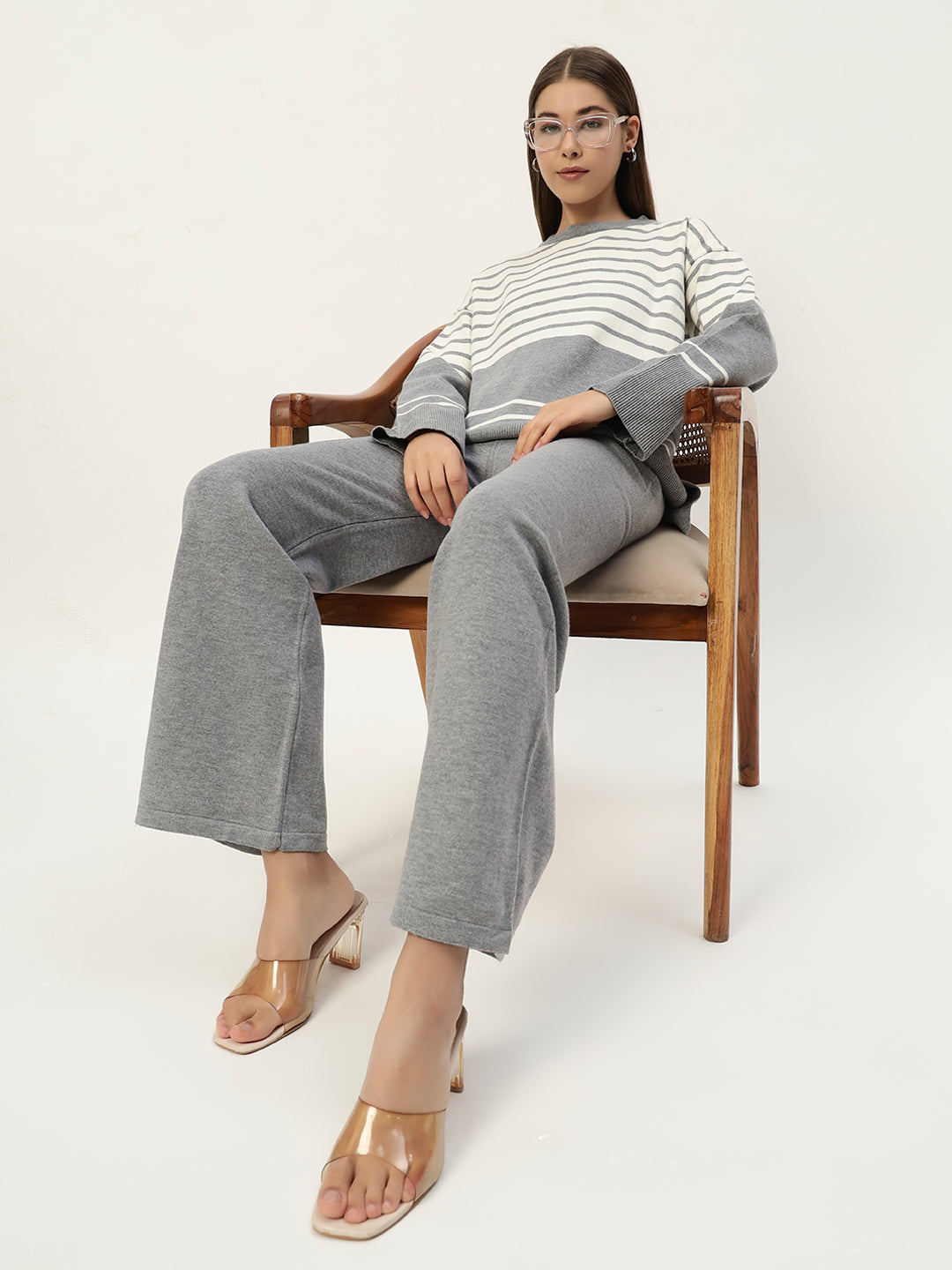 STRIPED WOOLEN COORD SET LIGHT GREY