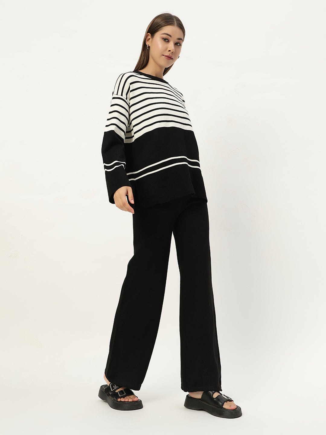 STRIPED WOOLEN COORD SET BLACK