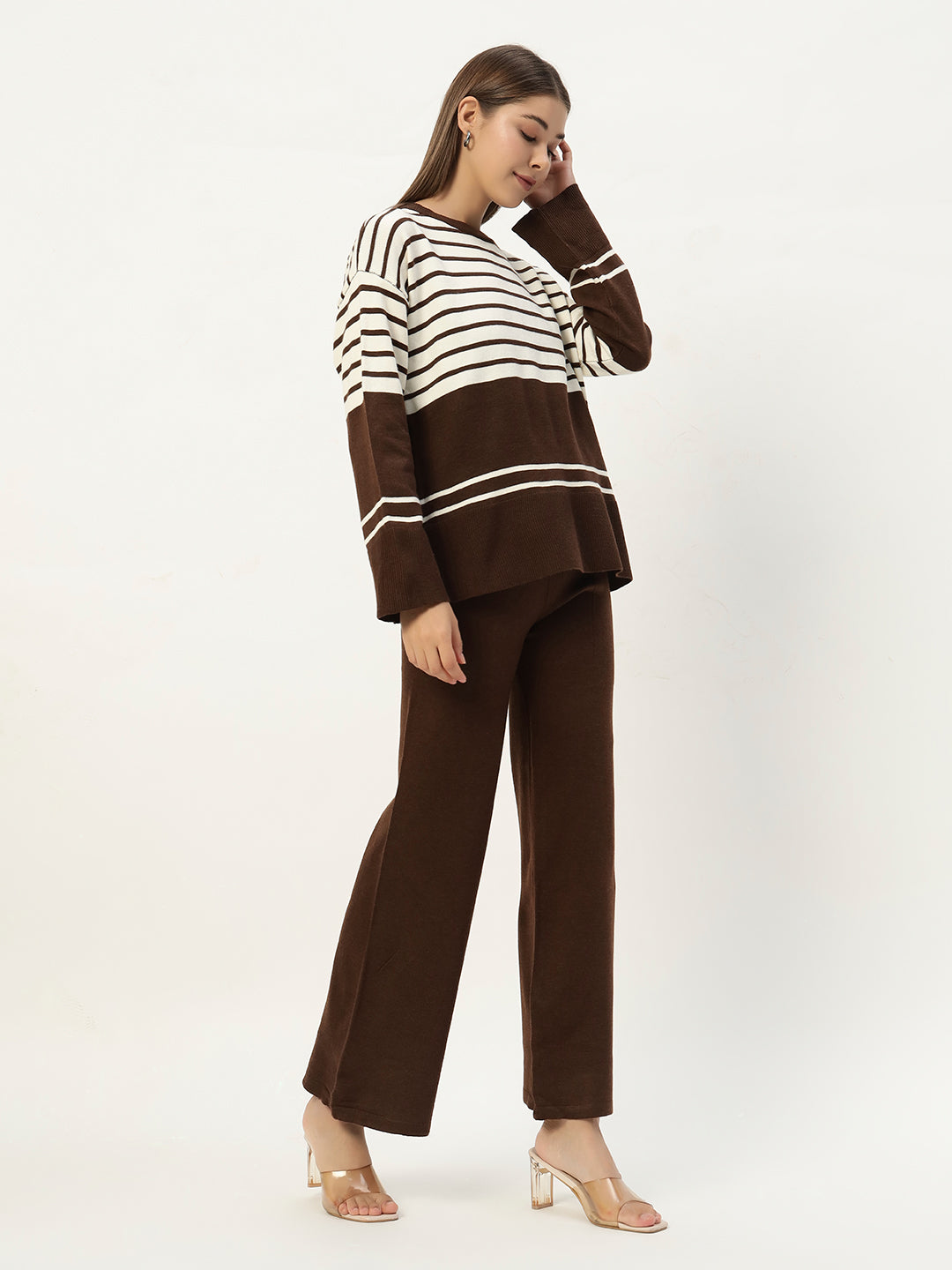 STRIPED WOOLEN COORD SET BROWN