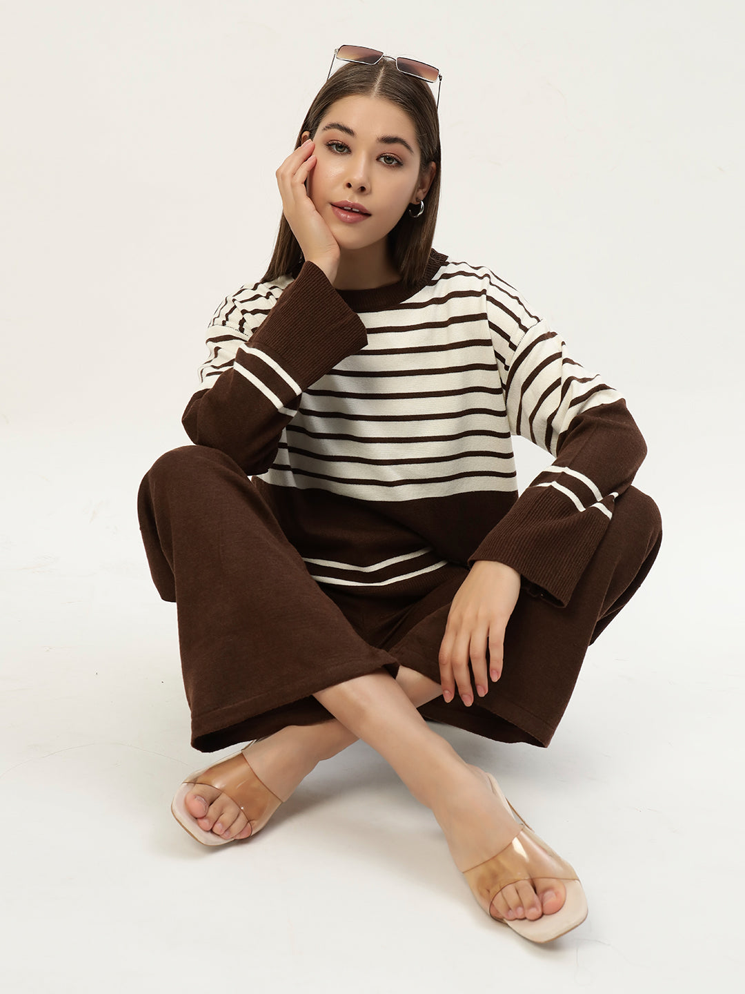 STRIPED WOOLEN COORD SET BROWN