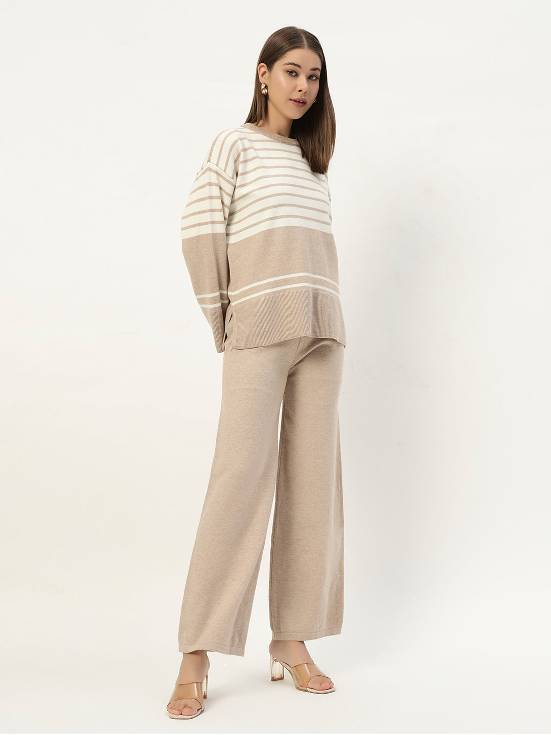 STRIPED WOOLEN COORD SET BEIGE