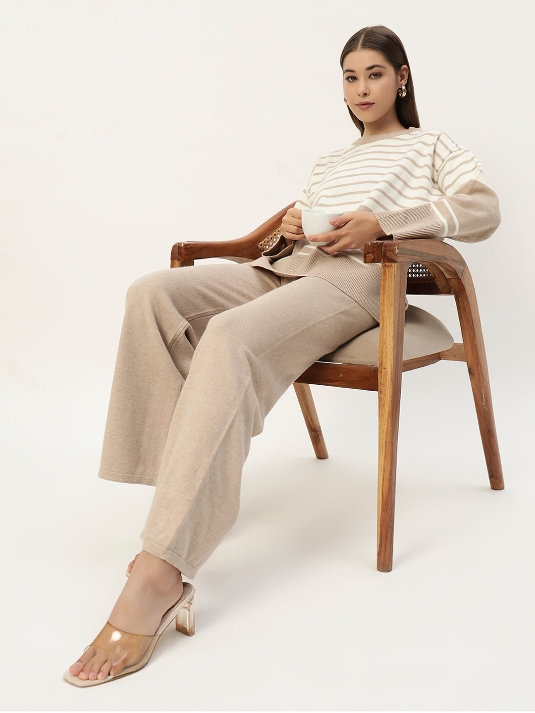 STRIPED WOOLEN COORD SET BEIGE