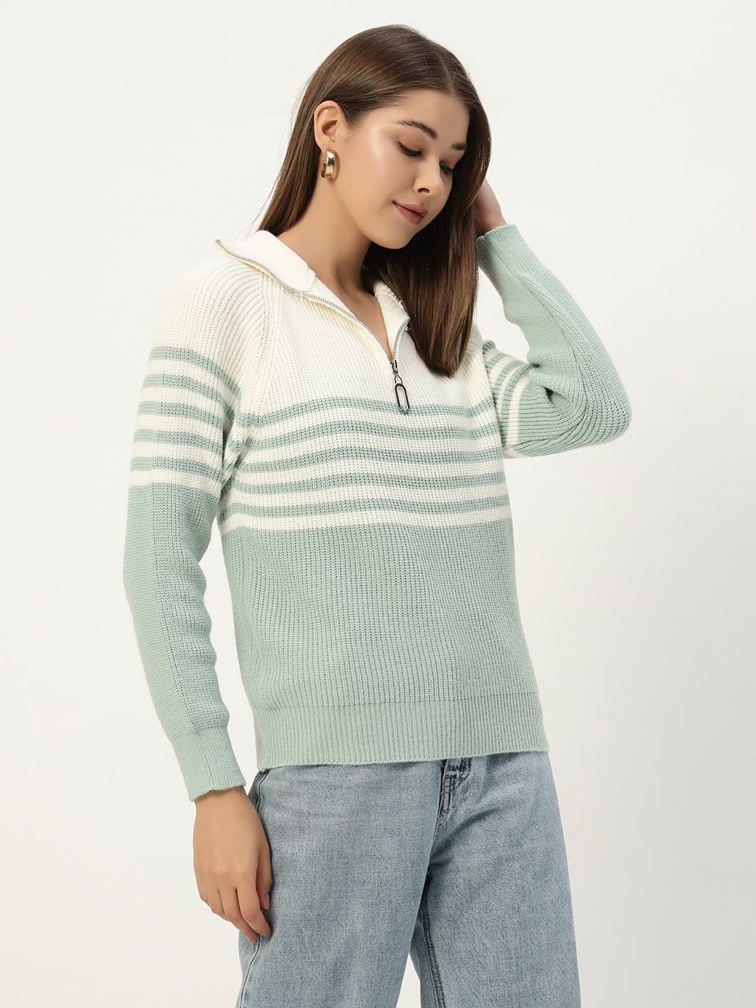 CLASSIC STRIPED HALF ZIPPER MINT GREEN