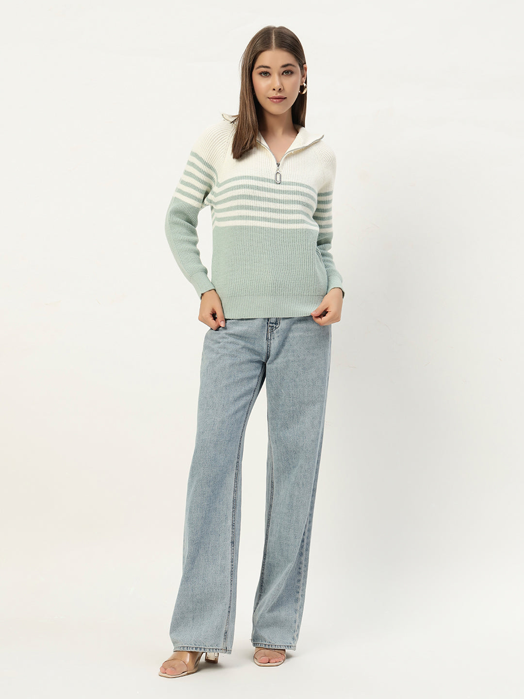 CLASSIC STRIPED HALF ZIPPER MINT GREEN