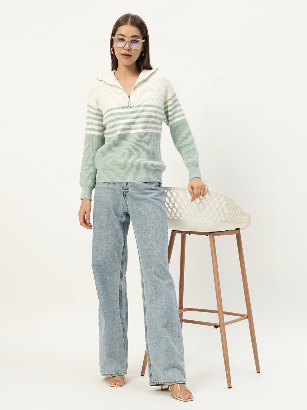 CLASSIC STRIPED HALF ZIPPER MINT GREEN