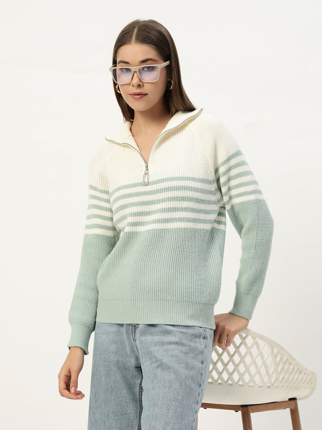 CLASSIC STRIPED HALF ZIPPER MINT GREEN