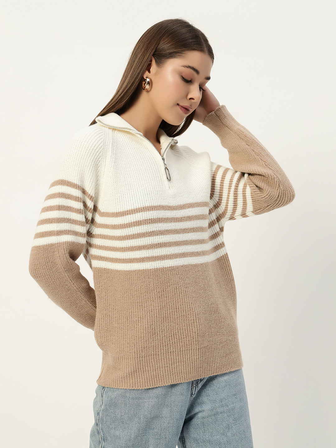 CLASSIC STRIPED HALF ZIPPER BEIGE