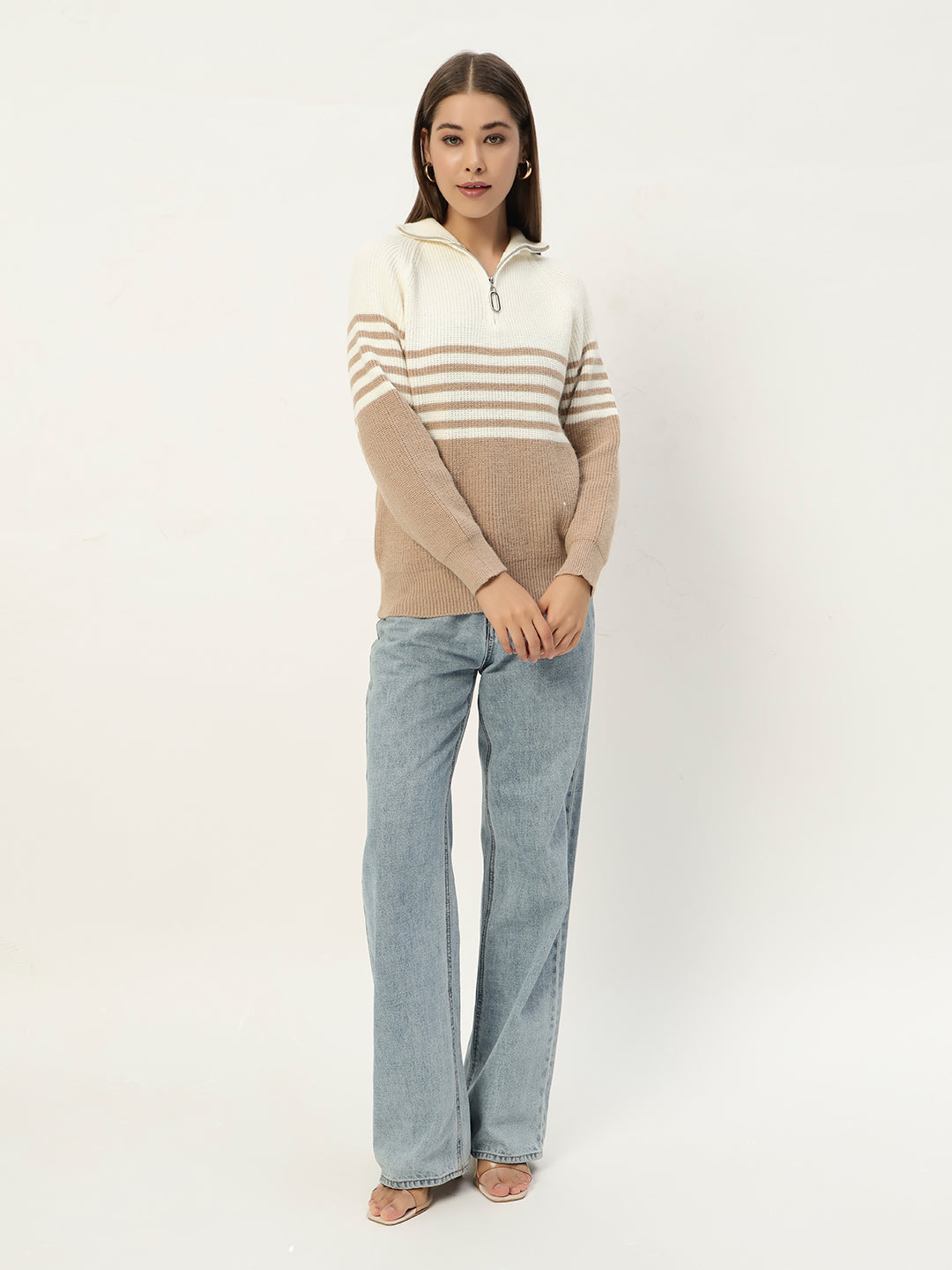 CLASSIC STRIPED HALF ZIPPER BEIGE