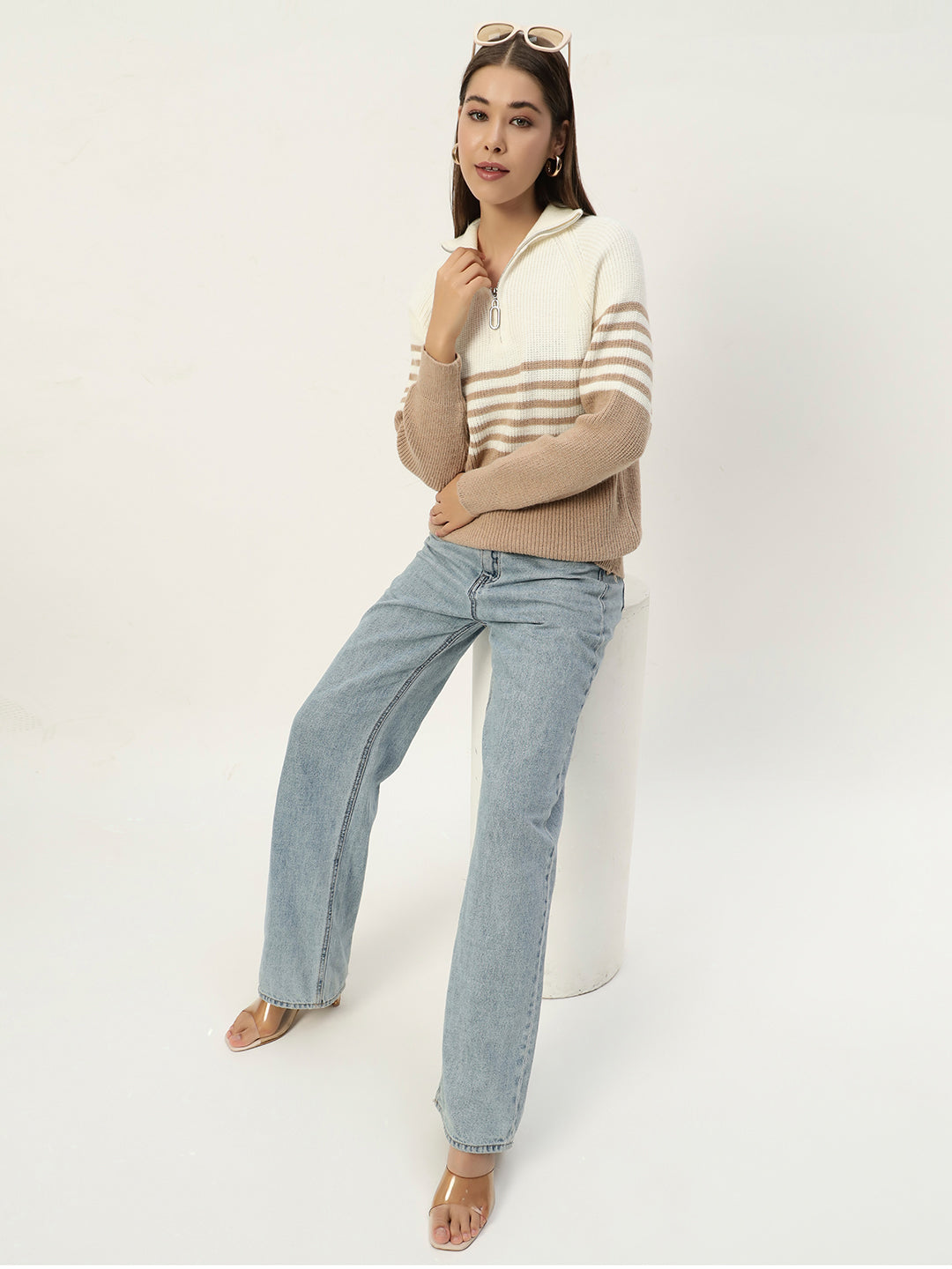 CLASSIC STRIPED HALF ZIPPER BEIGE