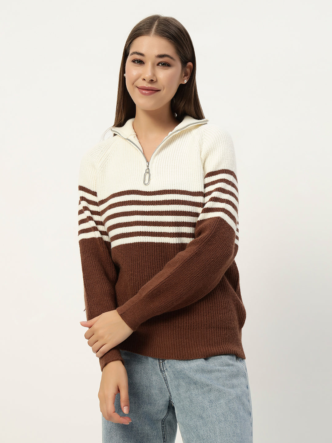 CLASSIC STRIPED HALF ZIPPER BROWN