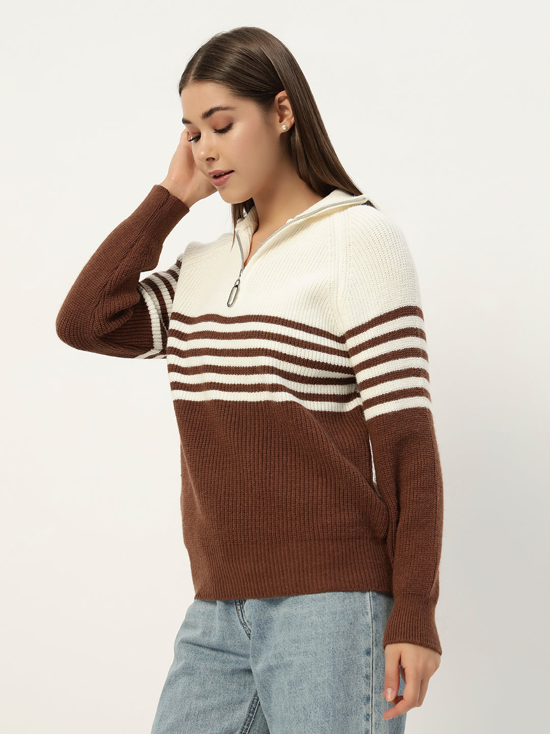 CLASSIC STRIPED HALF ZIPPER BROWN