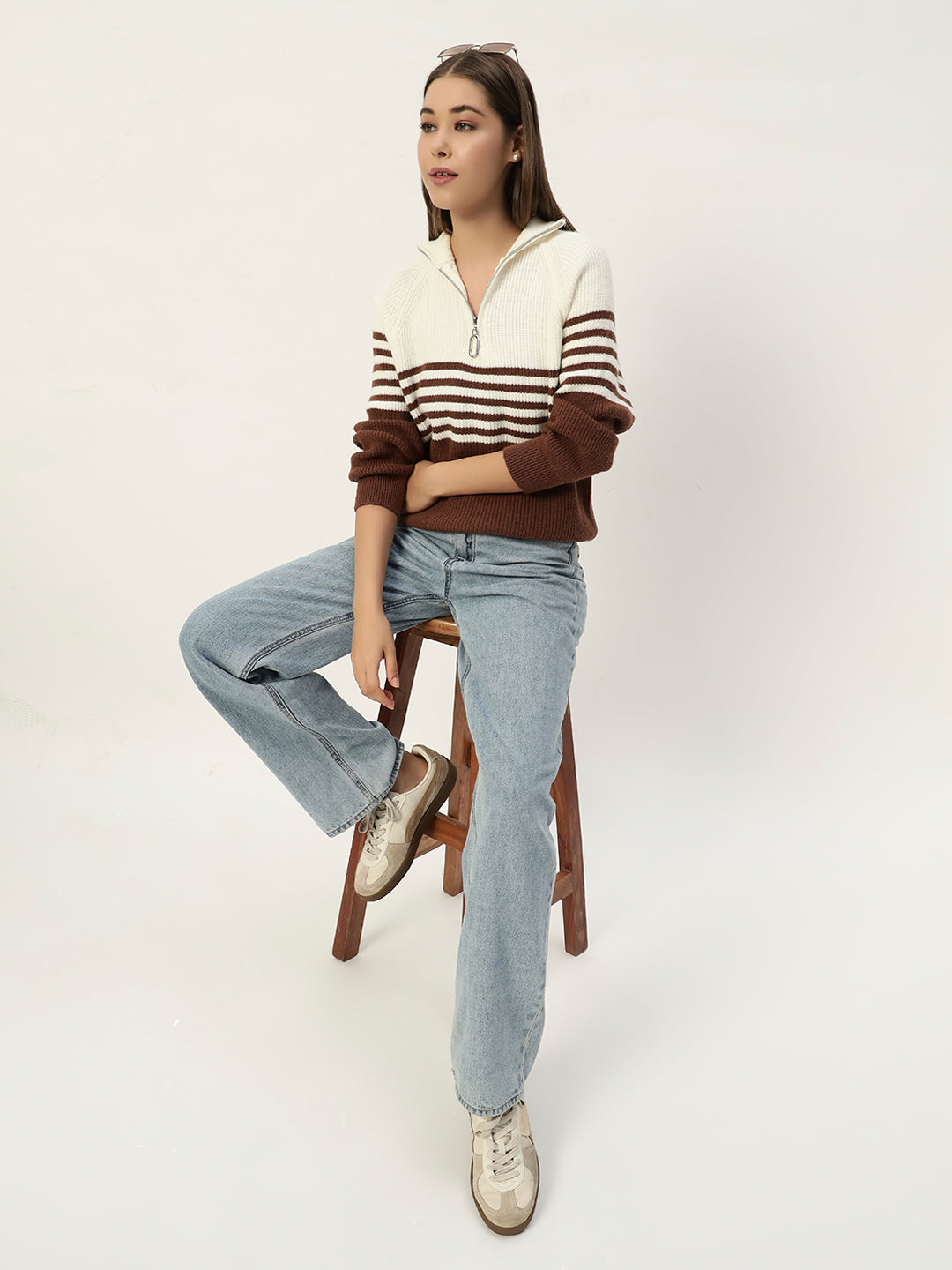 CLASSIC STRIPED HALF ZIPPER BROWN