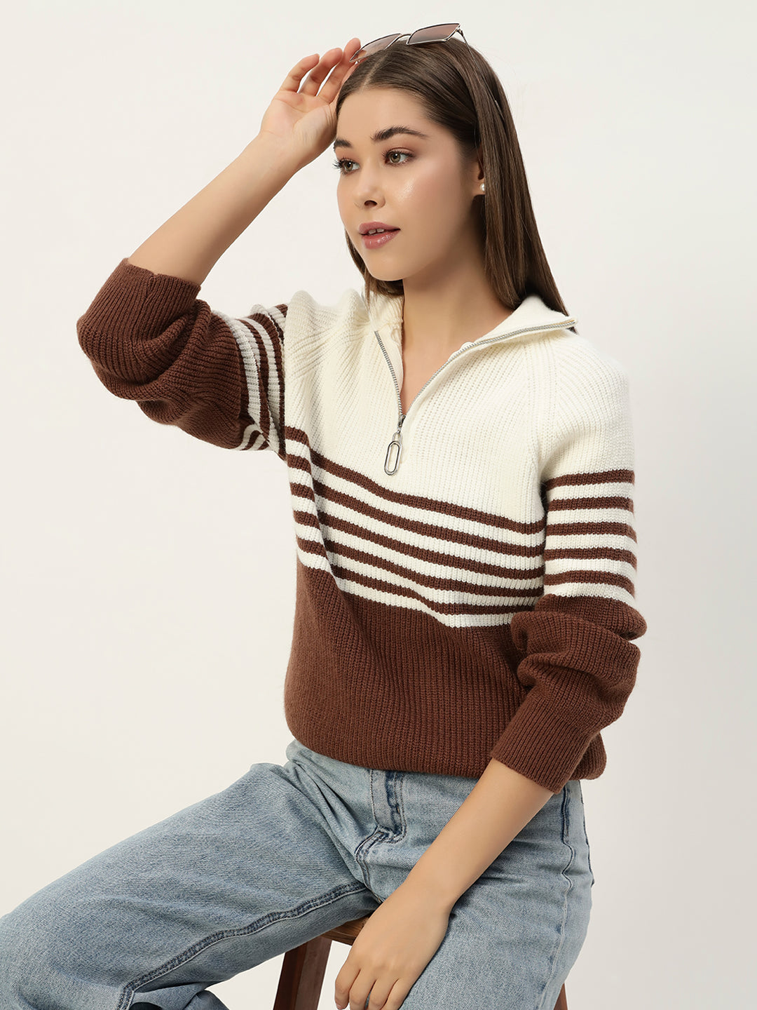 CLASSIC STRIPED HALF ZIPPER BROWN