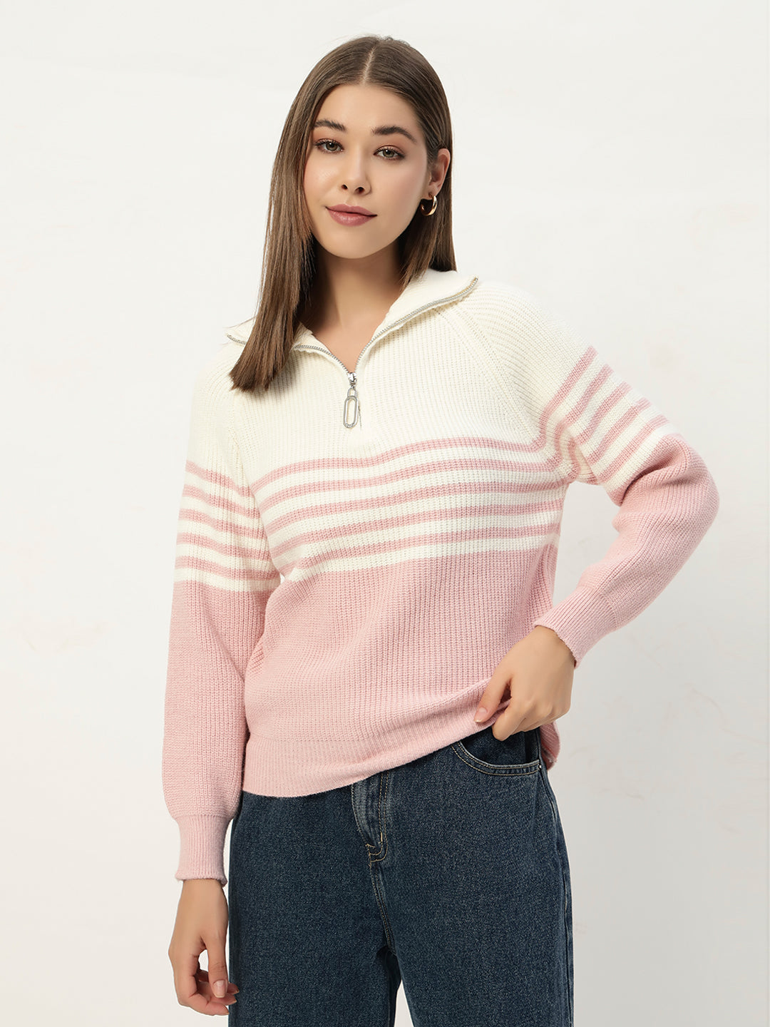 CLASSIC STRIPED HALF ZIPPER PINK