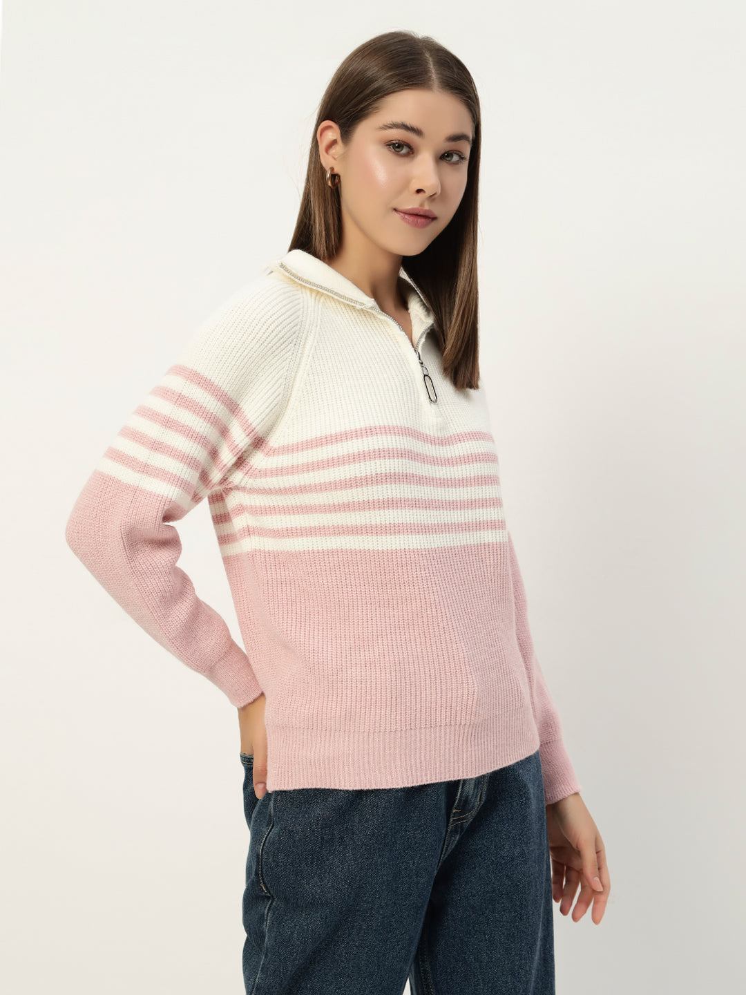CLASSIC STRIPED HALF ZIPPER PINK