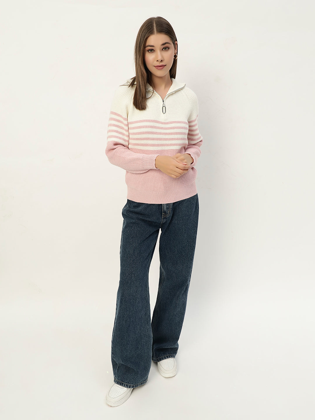 CLASSIC STRIPED HALF ZIPPER PINK