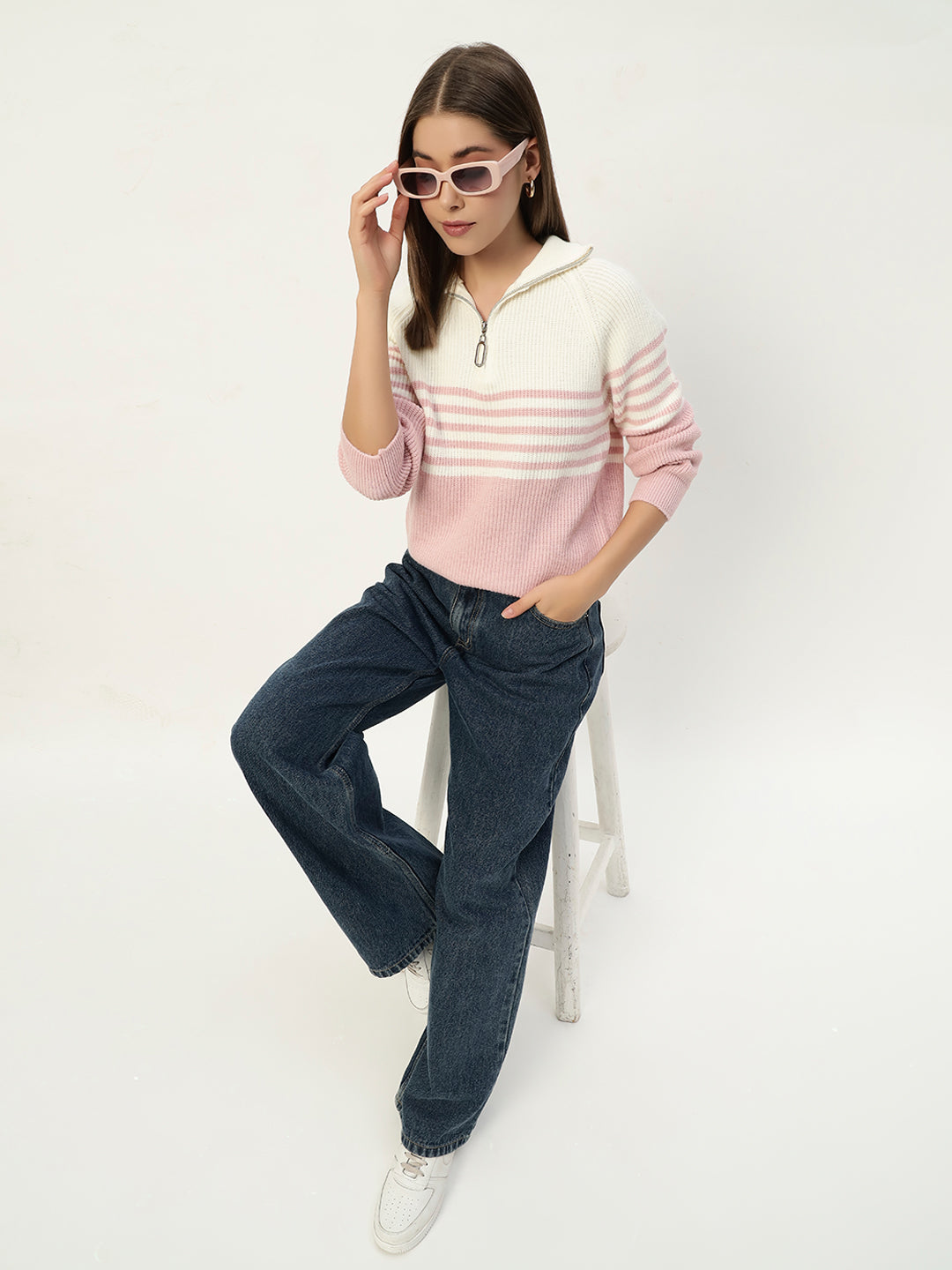 CLASSIC STRIPED HALF ZIPPER PINK