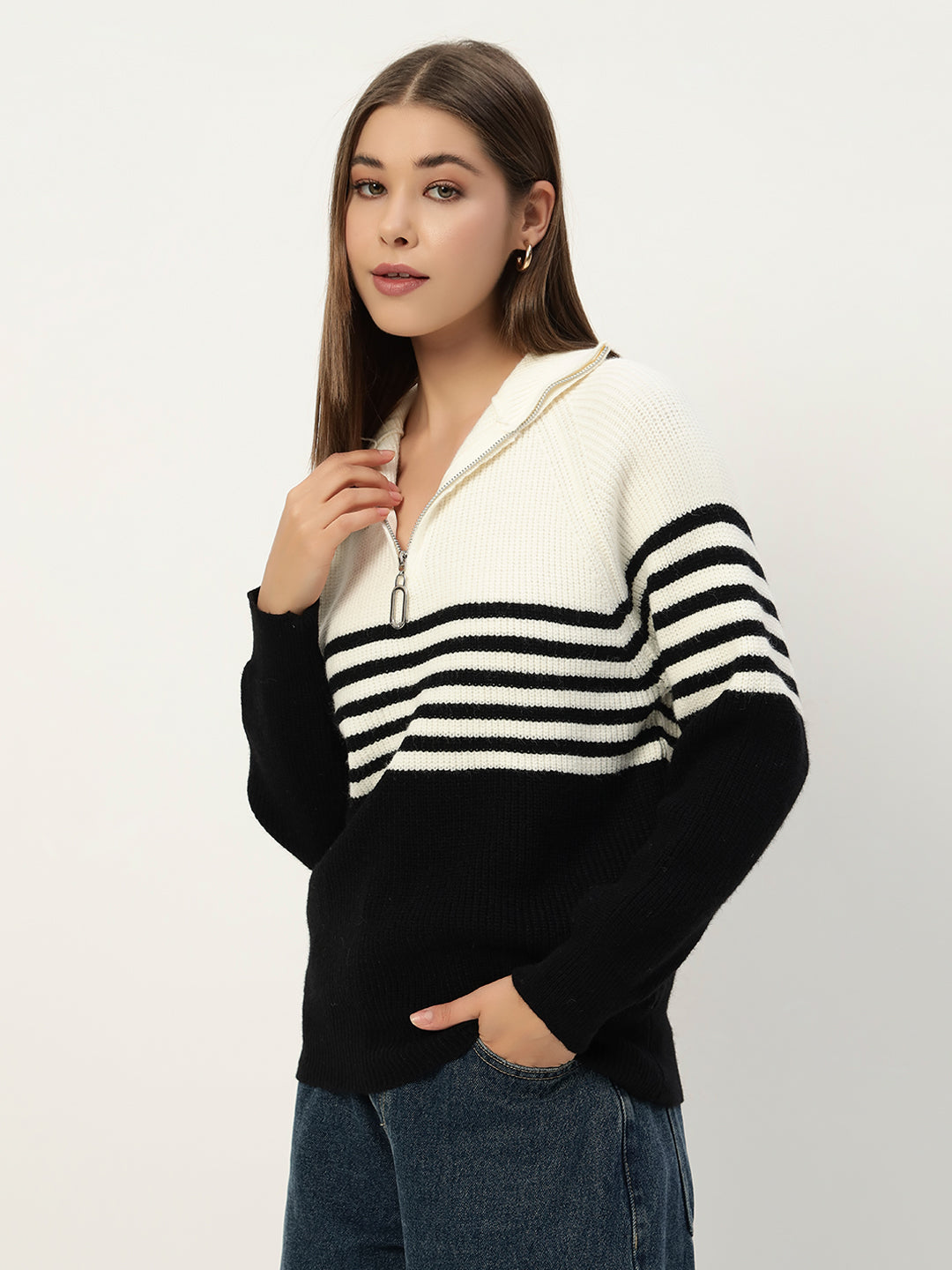CLASSIC STRIPED HALF ZIPPER BLACK