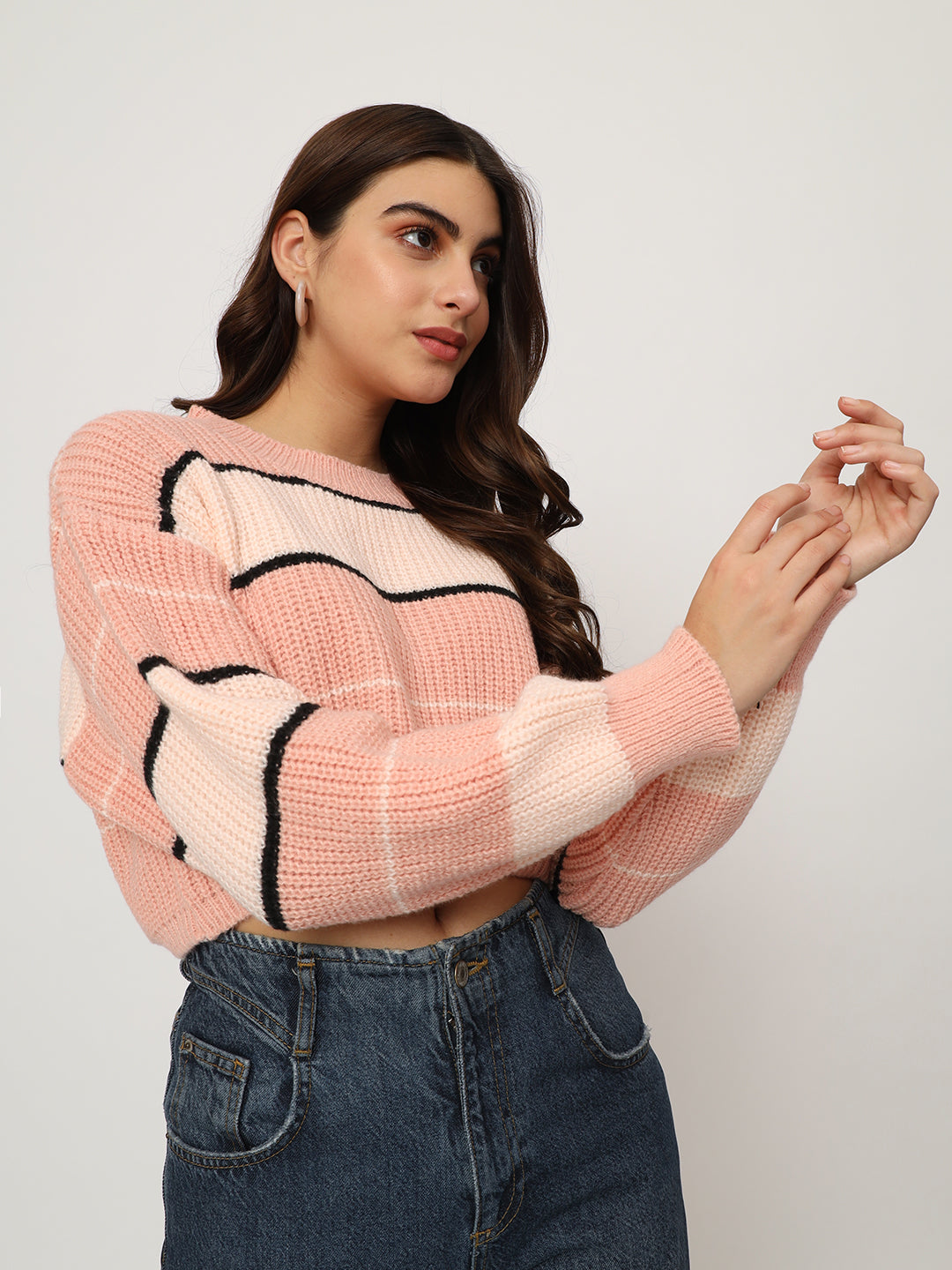 WOMEN PINK STRIPES CROP JUMPER
