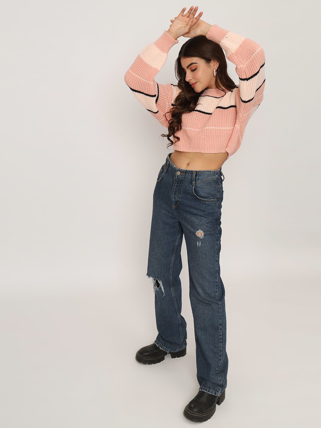 WOMEN PINK STRIPES CROP JUMPER