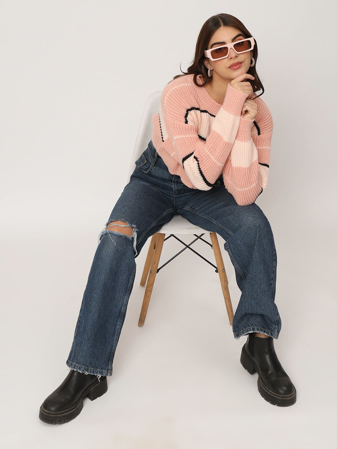 WOMEN PINK STRIPES CROP JUMPER