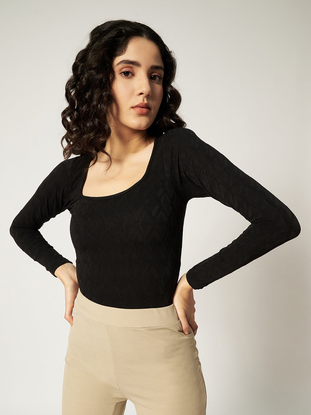 TEXTURED BODYSUIT-BLACK
