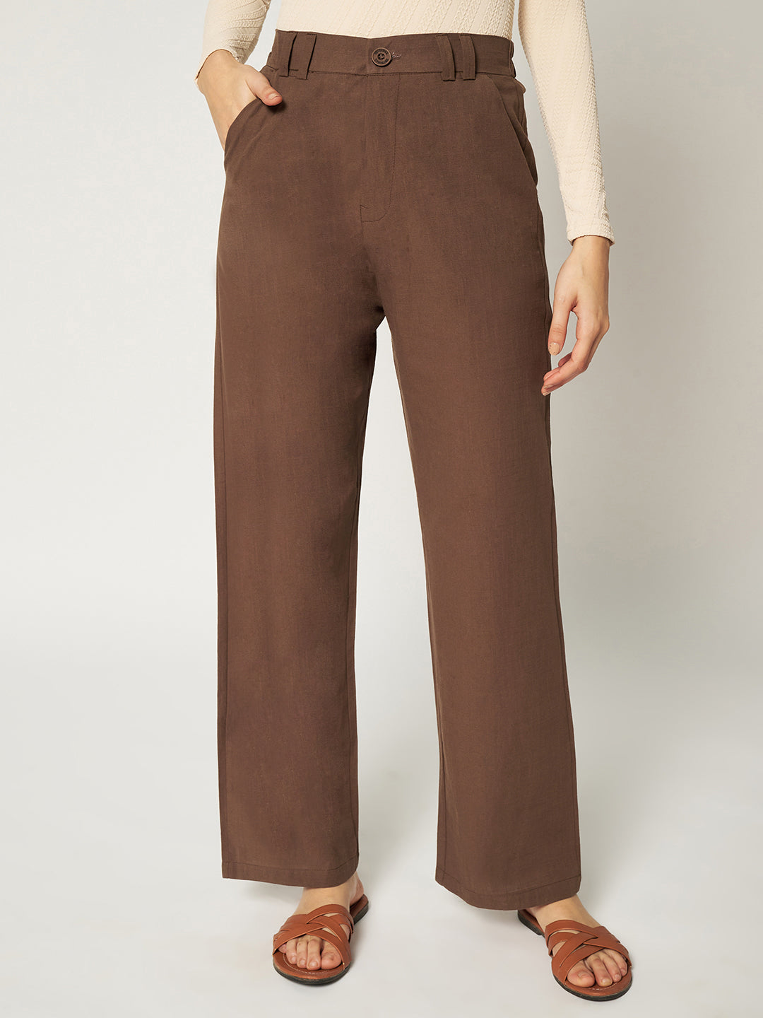 WOMEN ORGANIC LINEN TROUSER-DARK BROWN