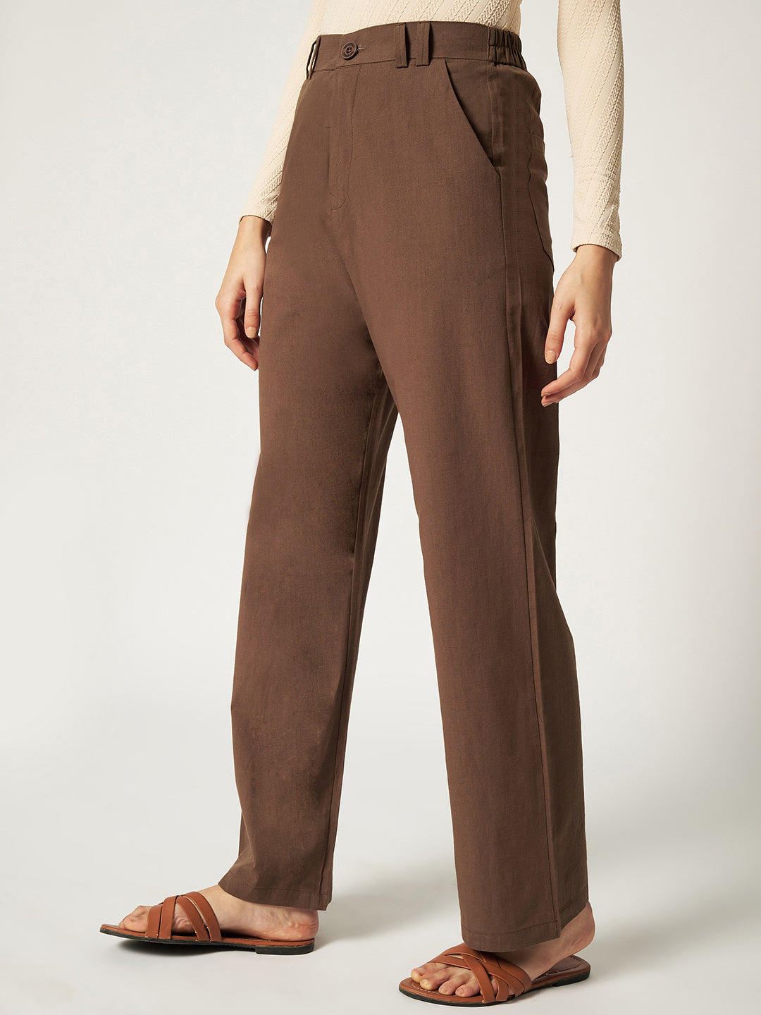WOMEN ORGANIC LINEN TROUSER-DARK BROWN