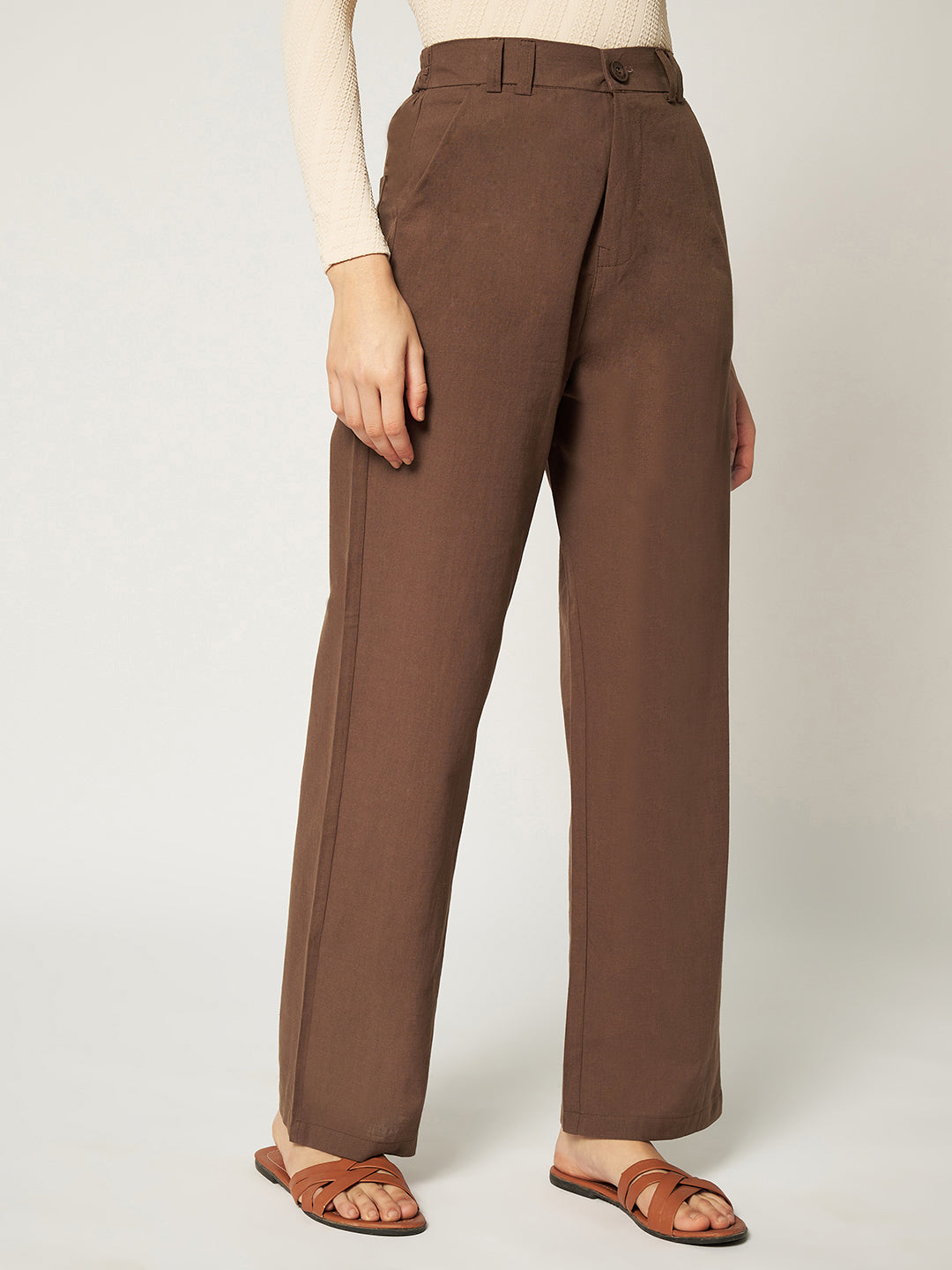WOMEN ORGANIC LINEN TROUSER-DARK BROWN