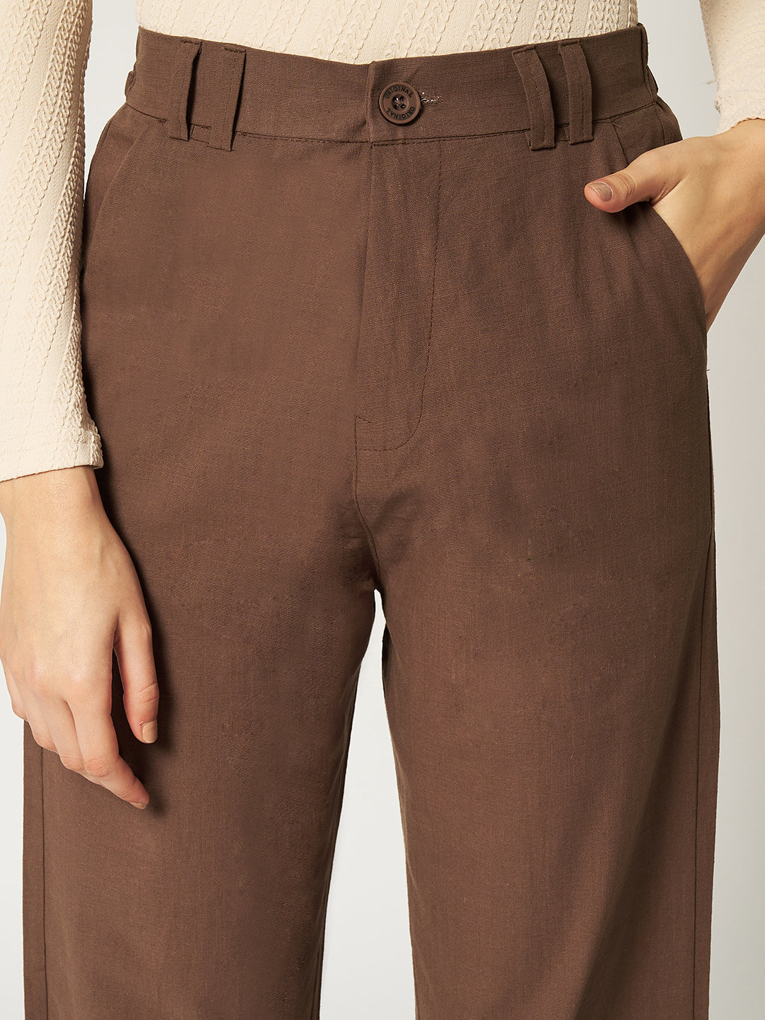 WOMEN ORGANIC LINEN TROUSER-DARK BROWN