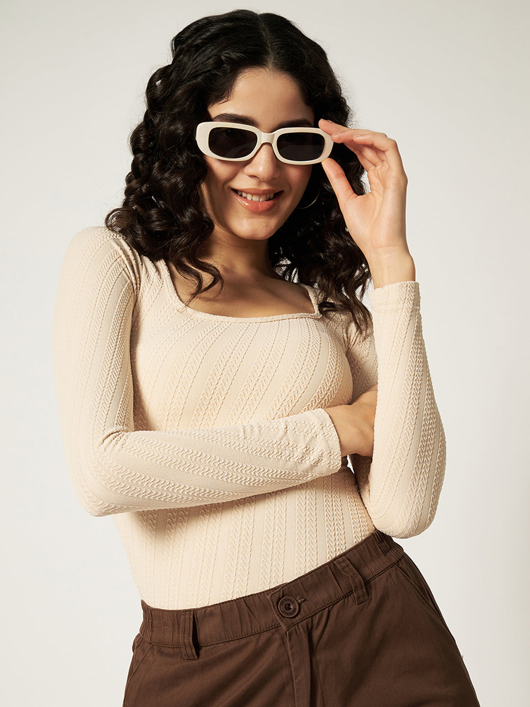 TEXTURED BODYSUIT-BEIGE