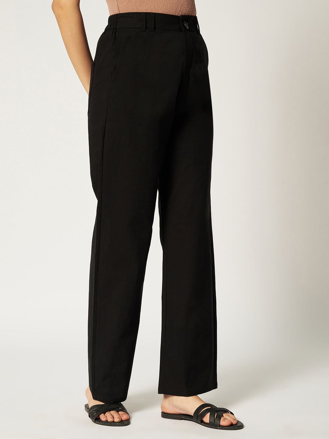 WOMEN ORGANIC LINEN TROUSER-BLACK
