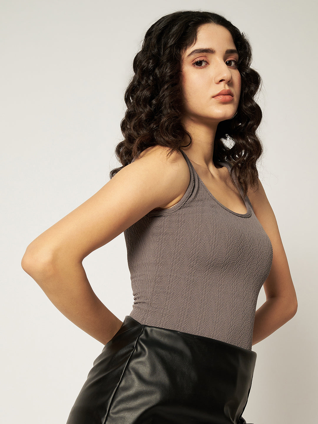 CUT SLEEVE BODYSUIT-DARK GREY
