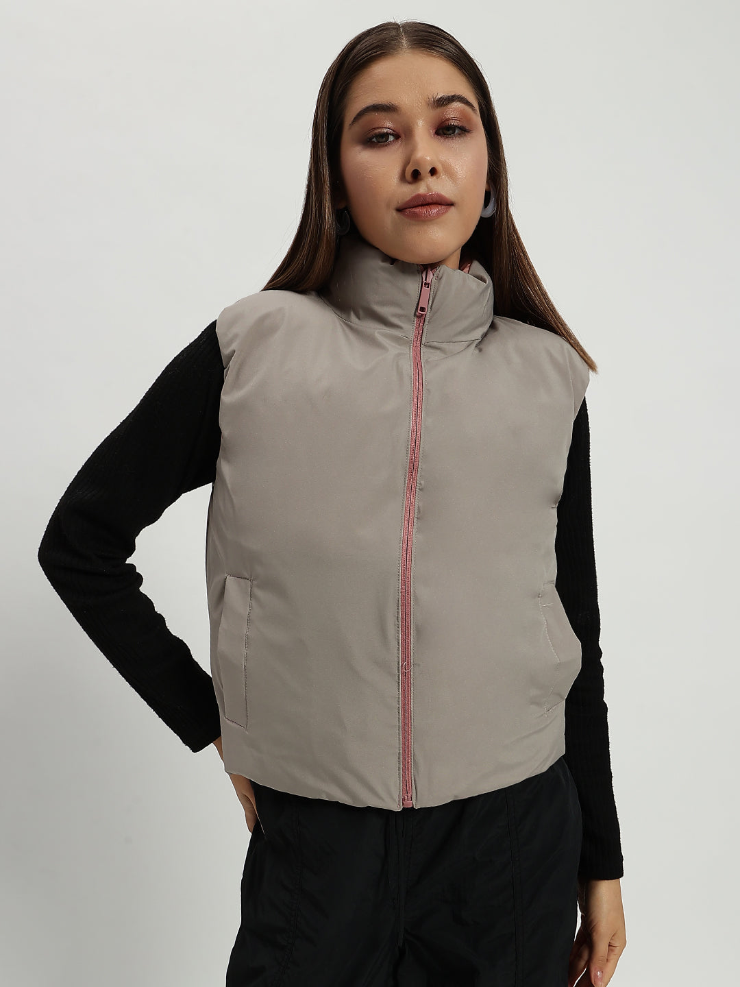 WOMEN CARGO PUFF JACKET REVERSIBLE PINK AND GREY