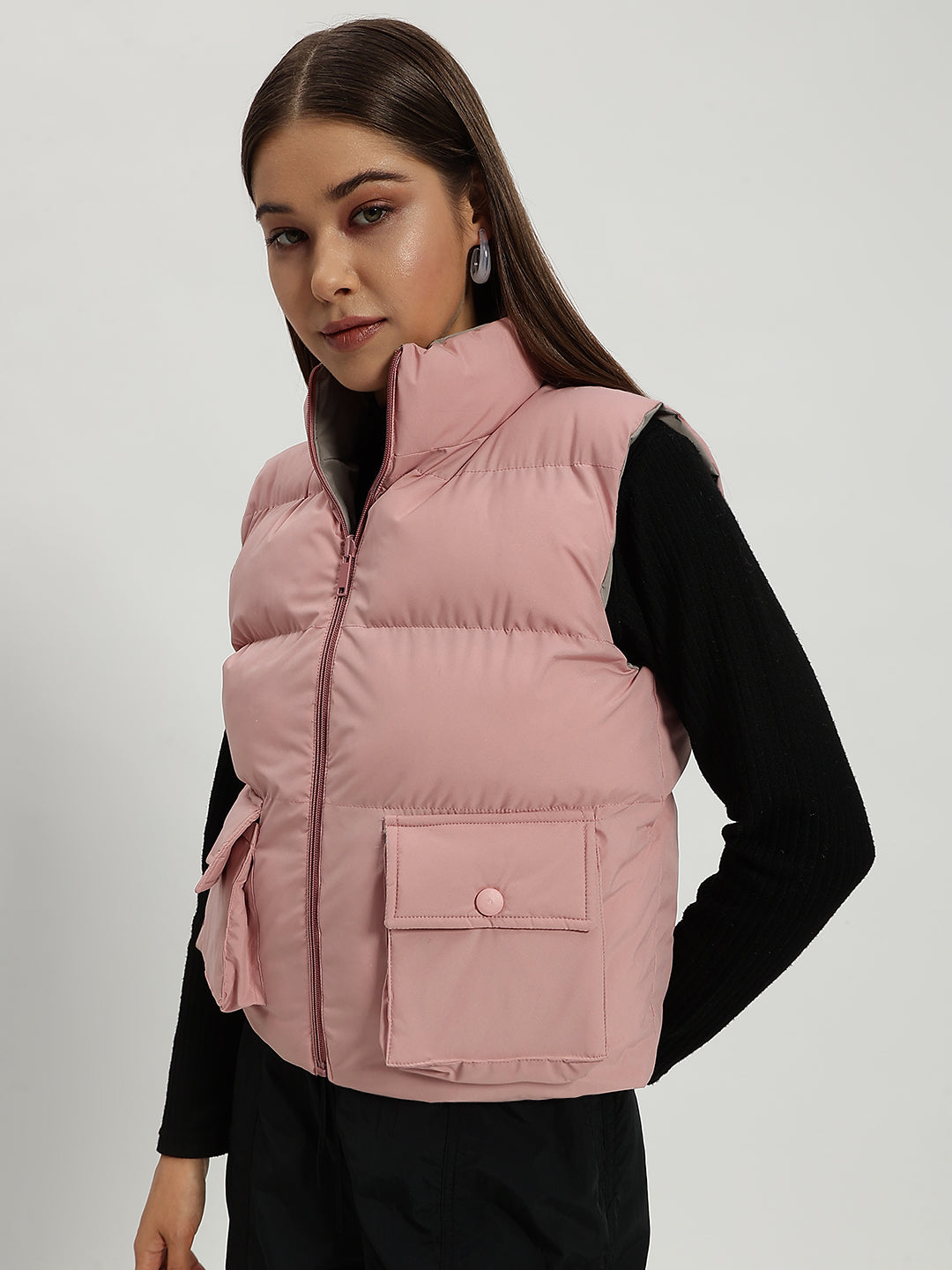 WOMEN CARGO PUFF JACKET REVERSIBLE PINK AND GREY