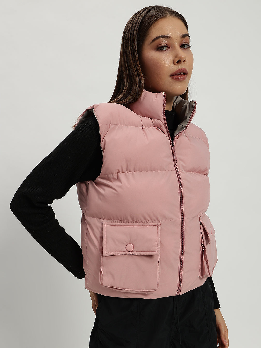 WOMEN CARGO PUFF JACKET REVERSIBLE PINK AND GREY