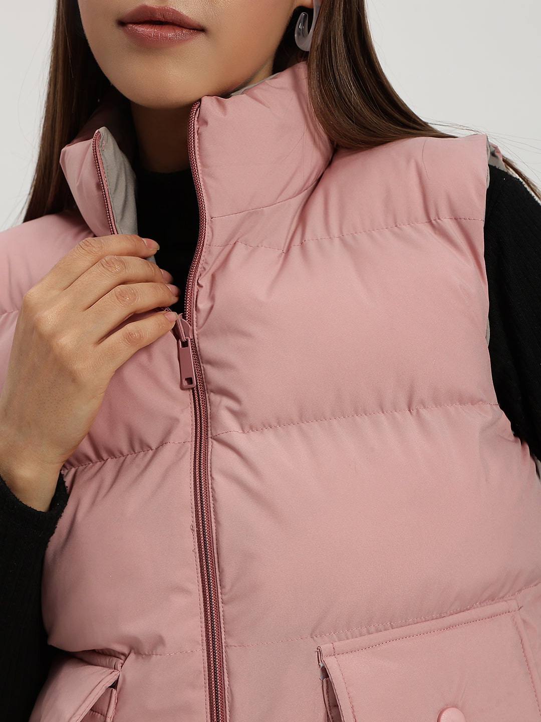 WOMEN CARGO PUFF JACKET REVERSIBLE PINK AND GREY
