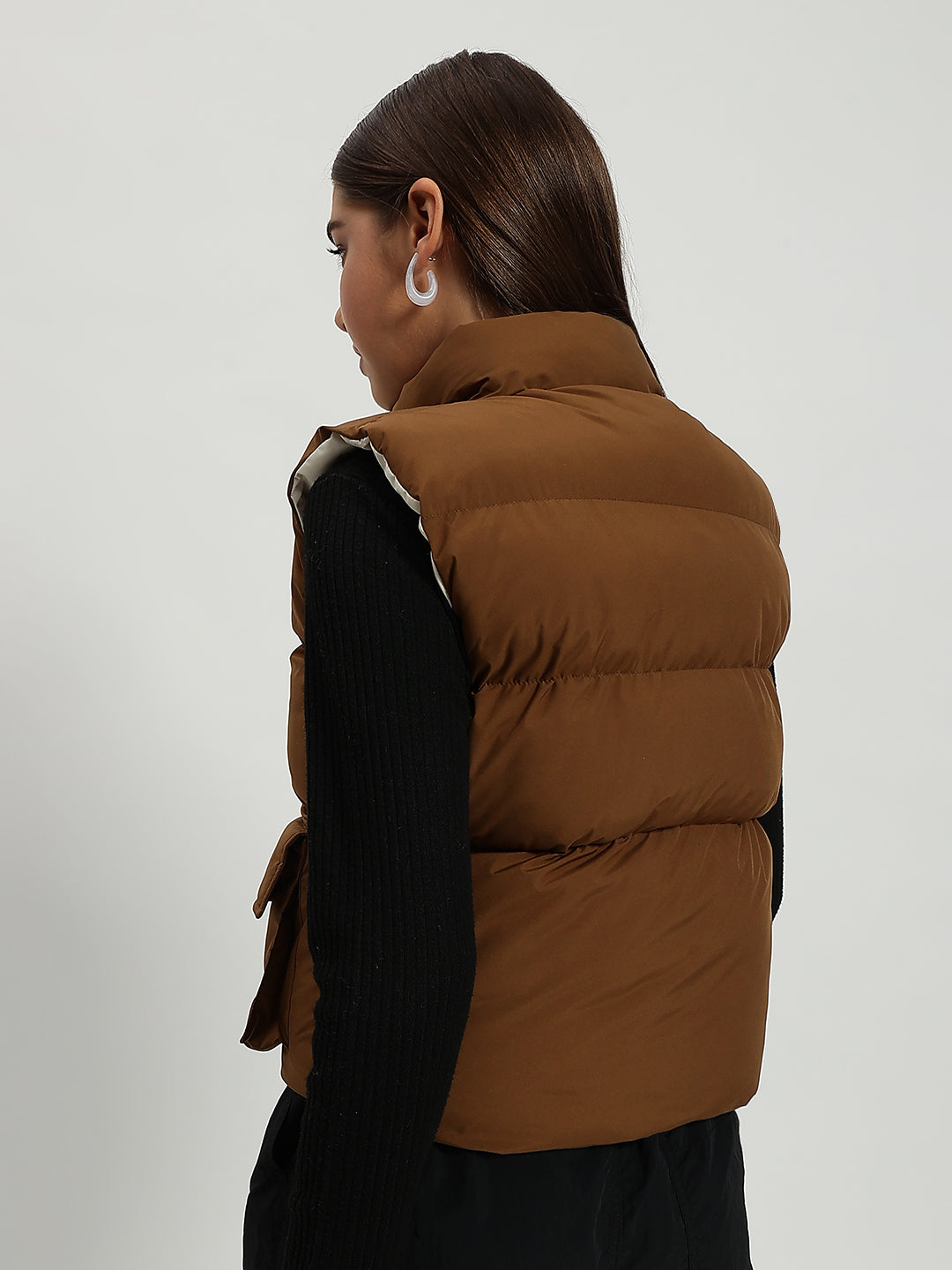 WOMEN CARGO PUFF JACKET REVERSIBLE BROWN AND BEIGE