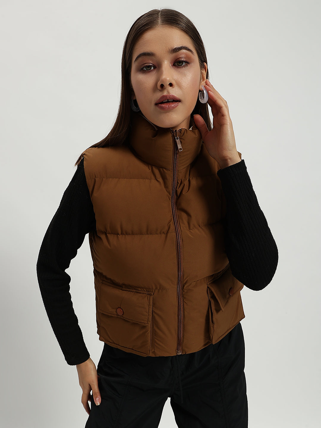 WOMEN CARGO PUFF JACKET REVERSIBLE BROWN AND BEIGE