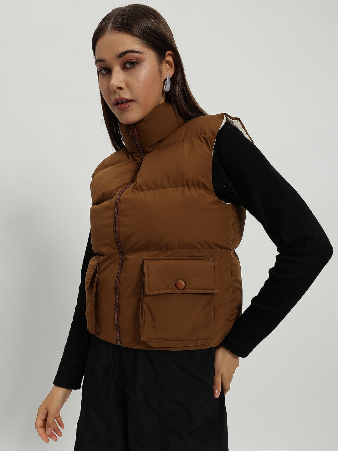 WOMEN CARGO PUFF JACKET REVERSIBLE BROWN AND BEIGE